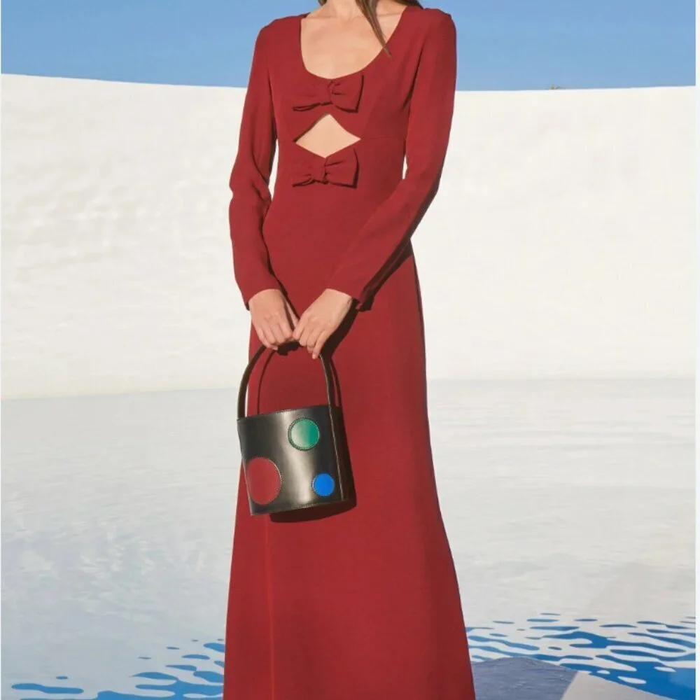 Staud Lido Dress Maxi Long Sleeve Cutout Bow Evening Gown Dark Red New Size 8 - Picture 13 of 13